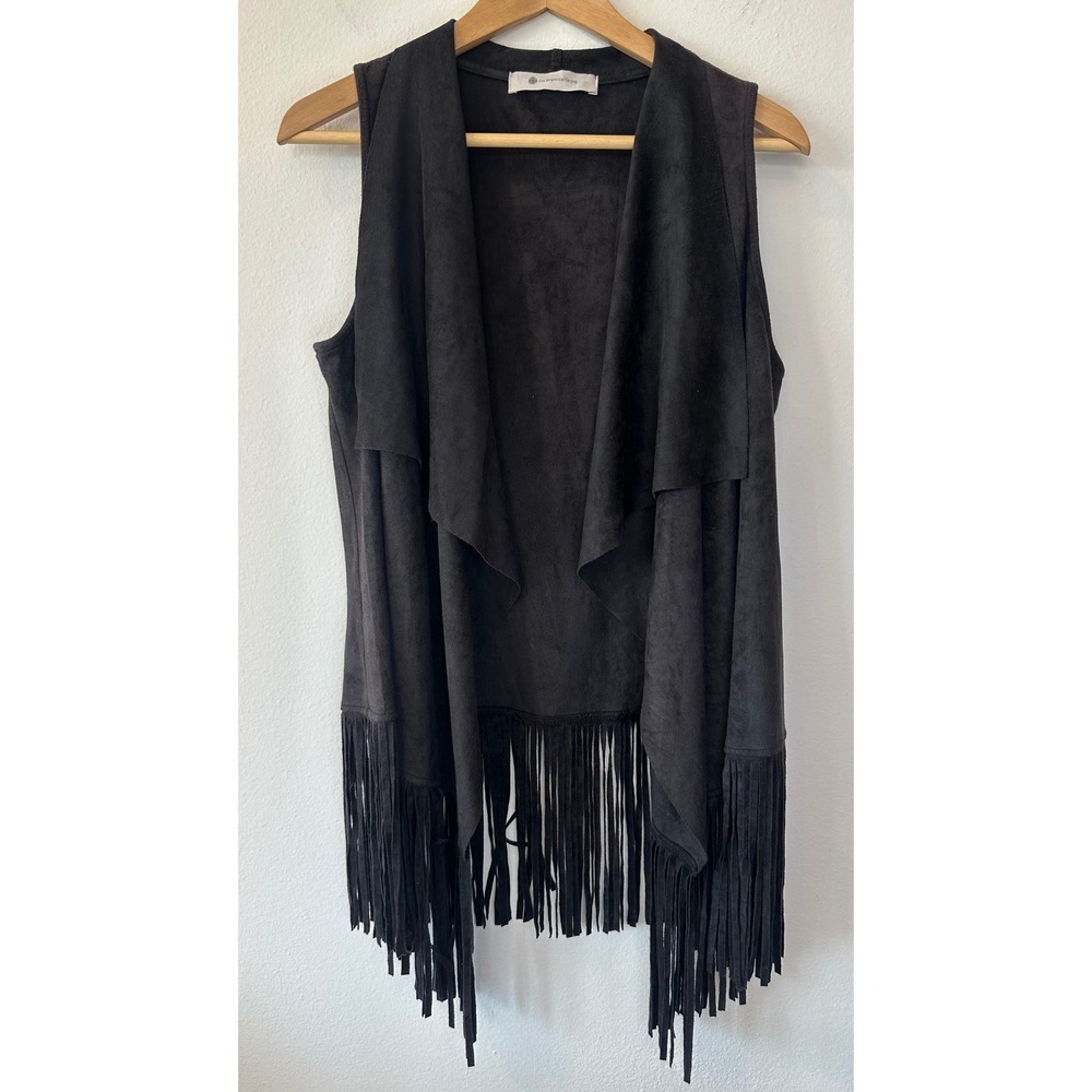 The Impeccable Pig Black Faux Suede Fringe Vest Boho Western Cowgirl Open Front